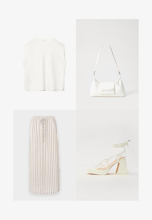 Bílý bezrukávový top s volnějším střihem, kulatým výstřihem, hladkou texturou a přímým lemem. Jednoduchý design bez vzorů a kovových prvků.; Svetle béžová lněná sukně s vertikálními tmavými pruhy, elastickým pasem a šňůrkou na stažení. Má boční rozparek na lemu pro snadnější pohyb.; Bílé sandály na vysokém podpatku s robustním podpatkem, s designem s pásky a zavazováním kolem kotníku. Hladký povrch s platformou vpředu pro zvýšení výšky.; Bílá syntetická kabelka v trojúhelníkovém tvaru, s plochým předním klopným víkem a detailem mašle, nastavitelným popruhem, hladkým povrchem a minimalistickým designem.