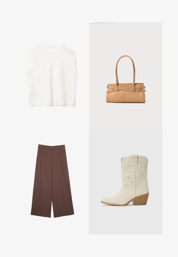 Biele bezrukávové tričko s voľným strihom, okrúhlym výstrihom, hladkou textúrou a rovným lemom. Jednoduchý dizajn bez vzorov a kovania.; Hnedé nohavice so širokými nohavicami a hladkou textúrou, s vysokým pásom a prednými skladmi. Tkanina je ľahká a voľne sa pohybuje.; Biele kožené kovbojske čižmy s kvetinovou výšivkou, špicatou špičkou a vrchnákom so zloženým dreveným podpätkom. Obsahujú dekoratívne stehy na lýtkovej časti.; Svetlohnedá semišová kabelka s dvoma dlhými rúčkami, obdĺžnikovým tvarom a dekoratívnym prešívaním. Obsahuje bočný popruh a jemné zlaté kovové doplnky.