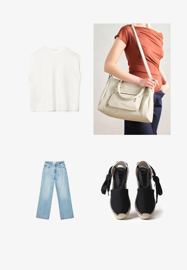 Biała, bezrękawnikowa bluzka o luźnym kroju, okrągłym dekolcie, gładkiej fakturze i prostym wykończeniu. Prosty design bez wzorów i dodatków.; Jasnoniebieskie jeansy z szerokimi nogawkami i wysokim stanem, z lekko wybledzonym wykończeniem i drobnymi, rozproszonymi przetarciami.; Czarne espadryle z płótnem, z jucianą podeszwą i plecionymi krawędziami. Sznurówki wykonane z tego samego czarnego materiału dla regulowanego dopasowania. Zasłonięty palce projekt.; Biała skórzana torebka z podwójnymi uchwytami i odczepianym paskiem, z przednią kieszenią na zamek i gładką fakturą. Nioszona na ramieniu przez osobę.