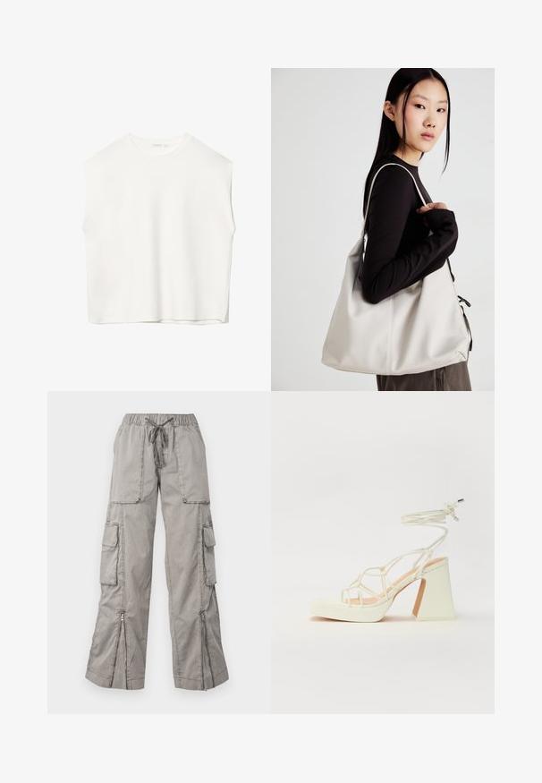 Hvid ærmeløs top med en afslappet pasform, rund halsudskæring, glat tekstur og lige kant. Simpelt design uden mønstre eller hardware.; Lys grå cargo bukser med elastisk talje, justerbart bånd, flere sidelommer og lynlåsåbninger i bunden. Lavet af blødt, letvægtsstof.; Hvide højhælede sandaler med en kraftig hæl, der har et stropdesign og ankelbinding. Glat tekstur med en platform foran for ekstra højde.; Beige håndtaske lavet af blødt materiale med et slouchy design, stikninger og to skulderremme. Velegnet til daglig brug.