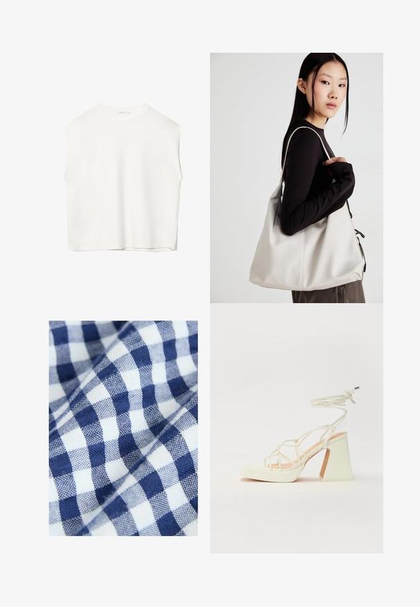 Top bianco senza maniche con vestibilità morbida, scollo rotondo, texture liscia e orlo dritto. Design semplice senza motivi o accessori.; Tessuto di cotone con un motivo a quadretti blu e bianchi presenta piccoli e uniformi quadretti. La texture appare tessuta e liscia.; Sandalo bianco con tacco alto, caratterizzato da un design a cinturini e un legaccio alla caviglia. Texture liscia con una piattaforma frontale per un'altezza aggiuntiva.; Borsa a mano beige realizzata in materiale morbido, caratterizzata da un design morbido, dettagli cuciti e due manici. Adatta per l'uso quotidiano.