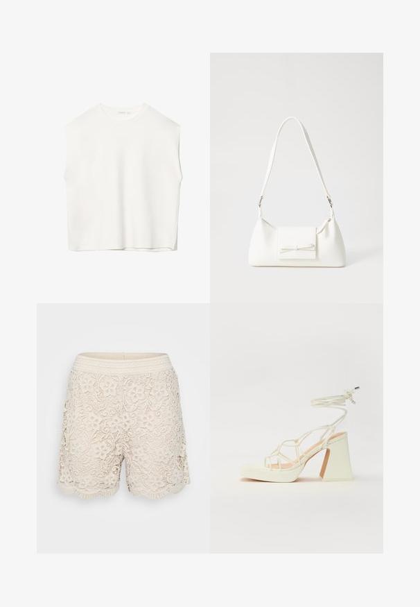 Weißes ärmelloses Oberteil mit einem lockeren Schnitt, Rundhalsausschnitt, glatter Textur und geradem Saum. Schlichtes Design ohne Muster oder Zubehör.; Schnürshorts in hellem Beige mit floralen Mustern, gewelltem Saum und einem strukturierten, gewebten Bund, der aufwendige Details aufweist.; Weiße High-Heel-Sandale mit einem klobigen Absatz, die über ein Riemchendesign und ein Knöchelband verfügt. Glatte Textur mit einer Plattform vorne für zusätzliche Höhe.; Weiße synthetische Handtasche in dreieckiger Form, flache Vorderklappe und Schleifendetail, verstellbarer Trageriemen, glatte Textur und minimalistisches Design.