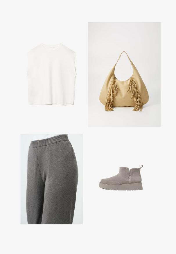 Witte mouwloze top met een ontspannen pasvorm, ronde halslijn, gladde textuur en rechte zoom. Eenvoudig ontwerp zonder patronen of metalen onderdelen.; Grijze casual broek van een zachte katoenmix, met een geribde tailleband, rechte pijpen en een gladde textuur zonder zichtbare patronen.; Grijze suède enkellaars met een lage profiel, elastische zijkanten en een getextureerde rubberen zool. Voorzien van een trekband voor eenvoudig aan- en uittrekken.; Tan suède schoudertas met een grote opening en lange franjes aan beide zijden, met een gladde textuur en een enkele handgreep.