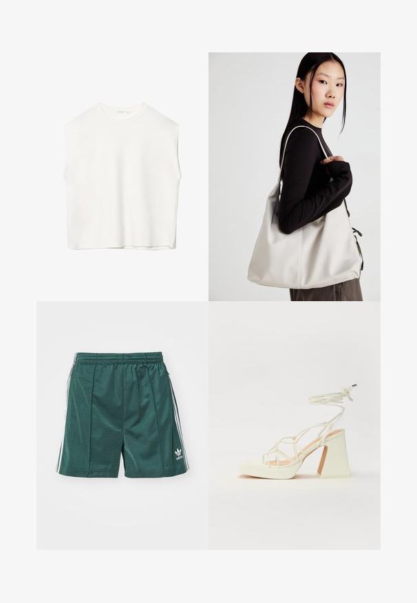 Biele bezrukávové tričko s voľným strihom, okrúhlym výstrihom, hladkou textúrou a rovným lemom. Jednoduchý dizajn bez vzorov a kovania.; Zelené športové kraťasy z hladkej tkaniny, s elastickým pásom, bočnými pruhmi a malým bielym logom na dolnej časti nohavíc.; Biele sandále na vysokom opätku s hrubým podpätkom, s pruhovaným dizajnom a viazaním na členku. Hladký povrch s platformou vpredu pre zvýšenú výšku.; Béžová kabelka vyrobená z mäkkého materiálu, s uvoľneným dizajnom, prišitými detailmi a dvoma popruhmi na nosenie na pleciach. Vhodná na každodenné nosenie.