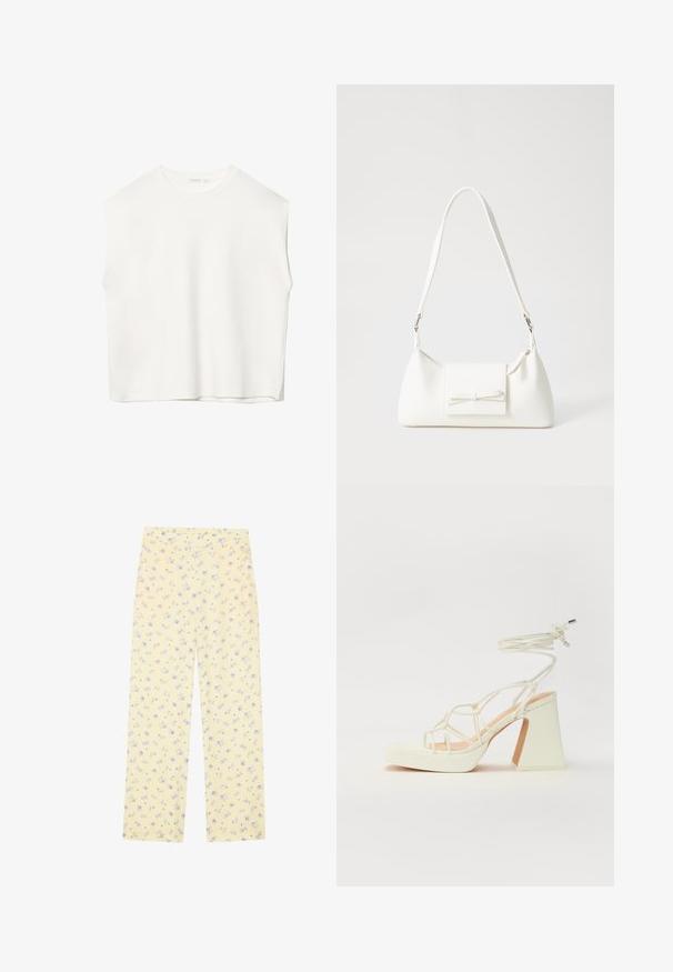 Top bianco senza maniche con vestibilità morbida, scollo rotondo, texture liscia e orlo dritto. Design semplice senza motivi o accessori.; Pantaloni larghi di colore giallo chiaro con un motivo floreale blu. Vita elastica, texture morbida e taglio dritto progettato per il comfort.; Sandalo bianco con tacco alto, caratterizzato da un design a cinturini e un legaccio alla caviglia. Texture liscia con una piattaforma frontale per un'altezza aggiuntiva.; Borsa sintetica bianca a forma triangolare, con patta anteriore piatta e dettaglio a fiocco, tracolla regolabile, texture liscia e design minimalista.