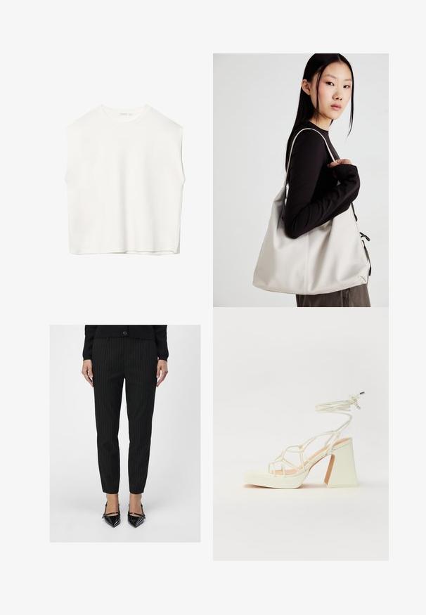 Biała, bezrękawnikowa bluzka o luźnym kroju, okrągłym dekolcie, gładkiej fakturze i prostym wykończeniu. Prosty design bez wzorów i dodatków.; Czarne spodnie w prążki mają dopasowany krój i gładką teksturę. Zestawione z błyszczącymi czarnymi czółenkami o spiczastych noskach, podkreślającymi smukłe linie.; Biała sandał na wysokim obcasie z masywnym słupkiem, z paskowym wzorem i wiązaniem przy kostce. Gładka faktura z platformą z przodu dla dodatkowej wysokości.; Beżowa torebka wykonana z miękkiego materiału, charakteryzująca się luźnym fasonem, wyszywanymi detalami i dwoma uchwytami na ramię. Idealna na co dzień.