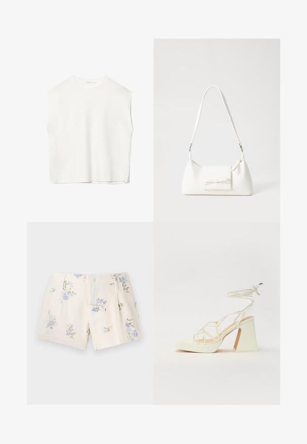 Bílý bezrukávový top s volnějším střihem, kulatým výstřihem, hladkou texturou a přímým lemem. Jednoduchý design bez vzorů a kovových prvků.; Květinové šortky vyrobené z lehké látky, s krémovým základem a modrými a zelenými květinovými vzory, dvěma předními kapsami a zapínáním na knoflík.; Bílé sandály na vysokém podpatku s robustním podpatkem, s designem s pásky a zavazováním kolem kotníku. Hladký povrch s platformou vpředu pro zvýšení výšky.; Bílá syntetická kabelka v trojúhelníkovém tvaru, s plochým předním klopným víkem a detailem mašle, nastavitelným popruhem, hladkým povrchem a minimalistickým designem.