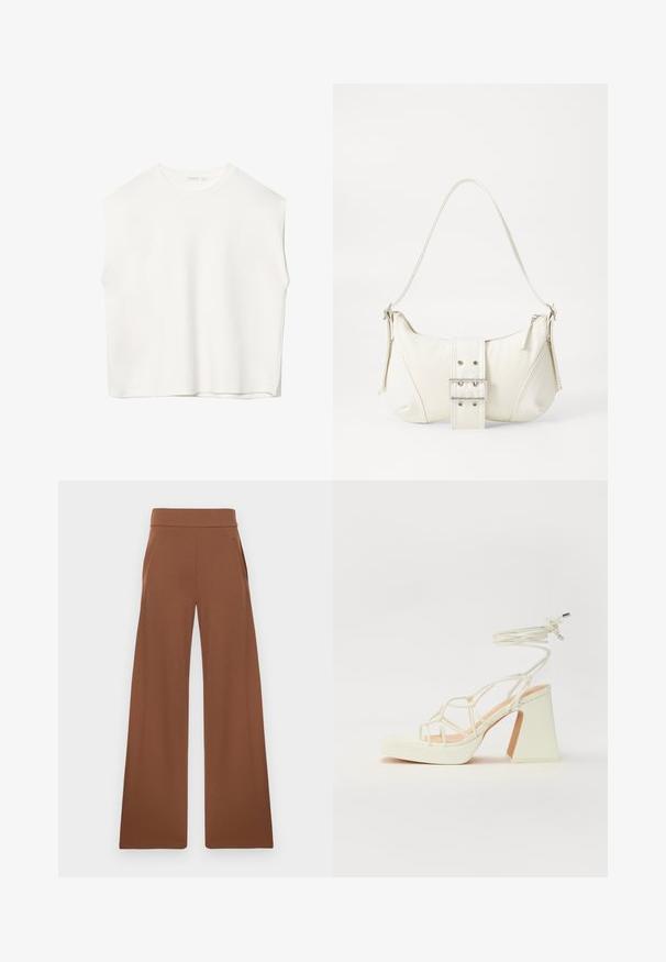 Biele bezrukávové tričko s voľným strihom, okrúhlym výstrihom, hladkou textúrou a rovným lemom. Jednoduchý dizajn bez vzorov a kovania.; Hnedé nohavice s širokými nohavicami vyrobené z hladkej, elastickej látky. Majú vysoký pás a bočné vrecká, navrhnuté pre voľný strih.; Biele sandále na vysokom opätku s hrubým podpätkom, s pruhovaným dizajnom a viazaním na členku. Hladký povrch s platformou vpredu pre zvýšenú výšku.; Biela taška cez rameno s textúrovaným povrchom, centrálnou prackou a zakriveným tvarom. Zipsy na oboch stranách.