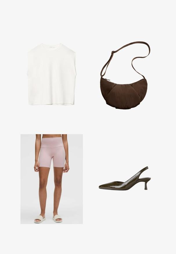 Bela brezrokavna majica z ohlapnim krojem, okroglim izrezom, gladko teksturo in ravnim robom. Preprost dizajn brez vzorcev ali dodatkov.; Svetlo roza visoko pasene kratke hlače za kolesarjenje, izdelane iz raztegljive tkanine. Imajo gladko teksturo in prilegajoč dizajn, ki sega do sredine stegen.; Olivno zelena slingback pumpe z ostro konico in nizko, vitko peto. Sijajna tekstura z rahlo gubano površino.; Rjava, oblazinjena torba z naramnicami in ukrivljeno obliko, ki ima zadrgo in nastavljiv pas za vsestranske možnosti nošenja.
