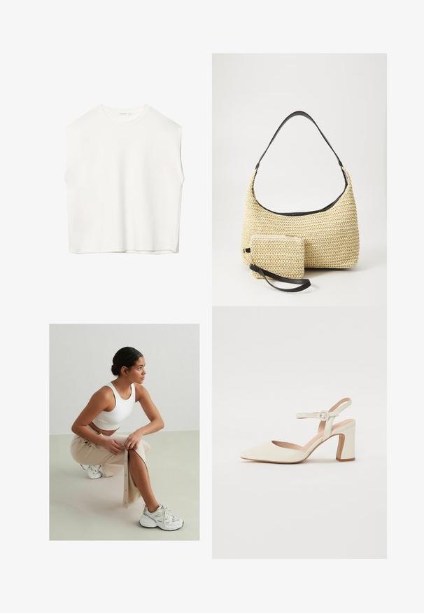 Weißes ärmelloses Oberteil mit einem lockeren Schnitt, Rundhalsausschnitt, glatter Textur und geradem Saum. Schlichtes Design ohne Muster oder Zubehör.; Weißes geripptes Crop-Top, beigefarbenen Knopf-up Rock mit seitlichem Schlitz, weiße Sneaker mit schwarzen und silbernen Akzenten, sitzend vor einem hellen Hintergrund.; Spitz zulaufender, cremefarbener Pumps mit Blockabsatz. Verfügt über ein dünnes Knöchelriemchen mit einer runden Schnalle und einer glatten Lederoberfläche.; Geflochtene Strohtasche mit geschwungener Silhouette, ausgestattet mit einem glatten schwarzen Ledergriff und einem passenden kleinen Beutel, der mit einem Handgelenkriemen befestigt ist.