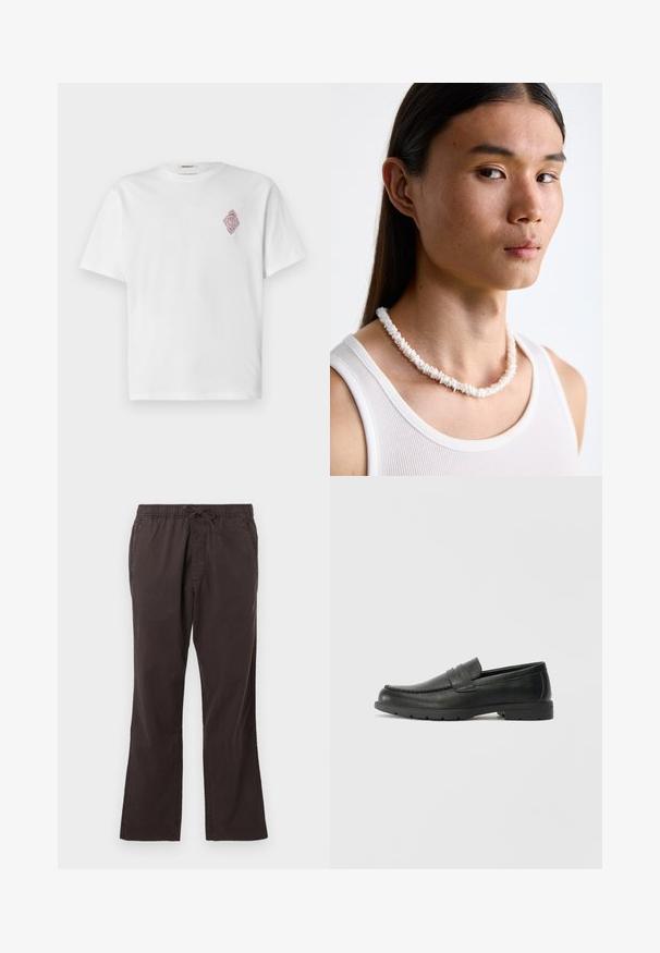 Camiseta branca de algodão com mangas curtas, apresentando um design de diamante bordado em vermelho na área do peito esquerdo. Decote redondo clássico.; Calças elásticas castanho-escuras com cintura elástica e cordão, apresentando um design de perna reta e um tecido suave e texturizado.; Sapatos mocassins de couro preto com acabamentos lisos, parte superior em estilo mocassins, detalhes em costura e sola de borracha. Design clássico com um salto baixo.; Colar de conchas brancas composto por formas irregulares, usado sobre uma camisola justa branca. Textura suave com um brilho subtil, design justo.