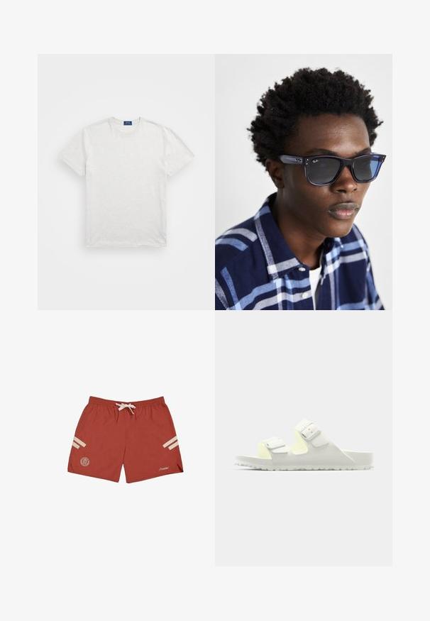 Svetlo šedé bavlnené tričko s okrúhlym výstrihom, krátkymi rukávmi a jemným logom na hrudi, so klasickým, ležérnym strihom.; PROHIBITED Šortky - red cream; Biele šľapky vyrobené z mäkkého materiálu, s dvoma nastaviteľnými pásikmi so sponami, textúrovanou stielkou a mierne zvýšenou podrážkou.; Modré slnečné okuliare Ray-Ban s lesklým povrchom, štvorcovým tvarom a tmavými sklami; nosené s košeľou s námorníckymi a svetlomodrými kockami.