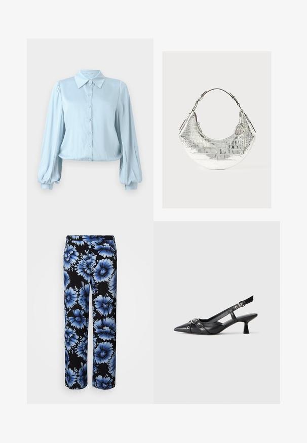 Hofmann Copenhagen FLORA - Bluza z gumbi - lavender blue; Cvetne hlače z črno osnovo in velikimi modrimi cvetnimi vzorci. Oblikovane z širokimi nogami in elastičnim pasom za udobje.; Črne usnjene sandale središnje zaponke z ostro konico, okrasnimi trakovi z kovinskimi očesi in nizko blokasto peto. Teksturirana površina.; Srebrna ročna torba z embosiranim krokodilskim vzorcem, ukrivljene oblike, s potrebnim ročajem iz rjavega usnja in kovinskimi detajli, ki vključuje okrasno čarobno.