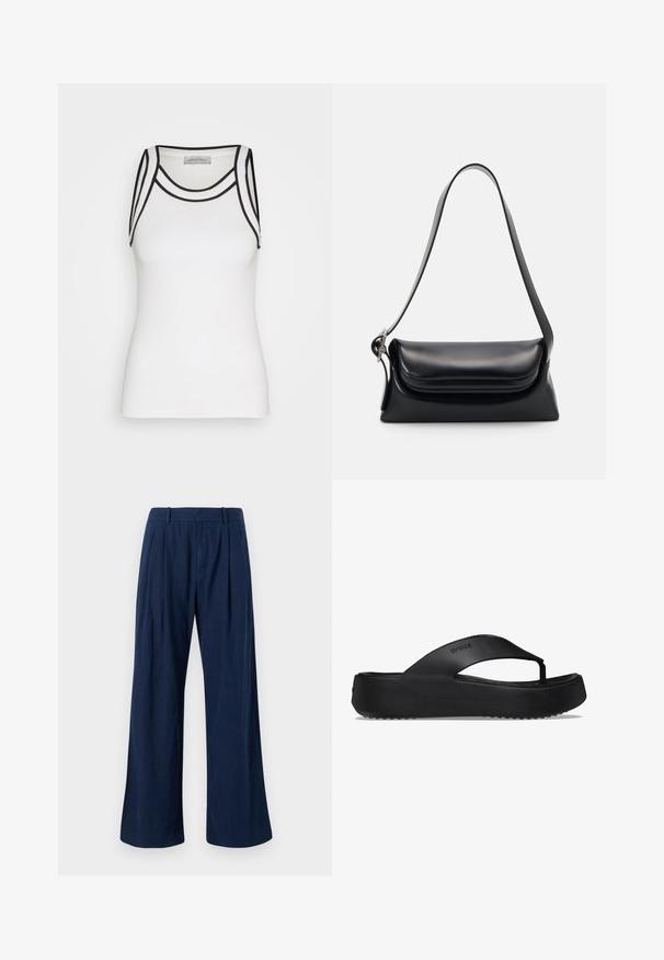 Witte tanktop van ribstof, met zwarte accenten langs de halslijn en armsgaten, en een aansluitende pasvorm.; Marine wijde broek gemaakt van lichtgewicht stof, met een hoge taille, plooien en schone naden. Zachte textuur en een nette pasvorm.; Zwarte flip-flop sandaal met een verhoogde zool, gemaakt van rubbermateriaal. Kenmerkt zich door een teenband en een gestructureerde voetbed voor grip.; Zwarte leren handtas met een gestructureerde vorm, een gladde textuur en een enkele schouderband. Heeft een subtiele, afgeronde klepontwerp.