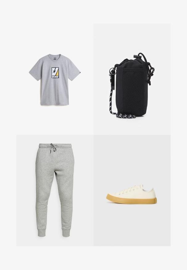 Grijze katoenen t-shirt met een centrale grafische afbeelding met zwarte, gele en witte elementen, samen met een zwarte ster in het ontwerp.; Grijze joggerbroeken van een zachte katoenmix, met een elastische tailleband met een trekkoord en ribbels bij de enkels.; Canvas sneakers in off-white met een ronde neus, voorzien van beige rubberen zolen en vijf oogjes voor veters, met een gestructureerde afwerking op de bovenkant.; Urban Classics RIPSTOP BOTTLE HOLDER NECKPOUCH UNISEX - Schoudertas - black