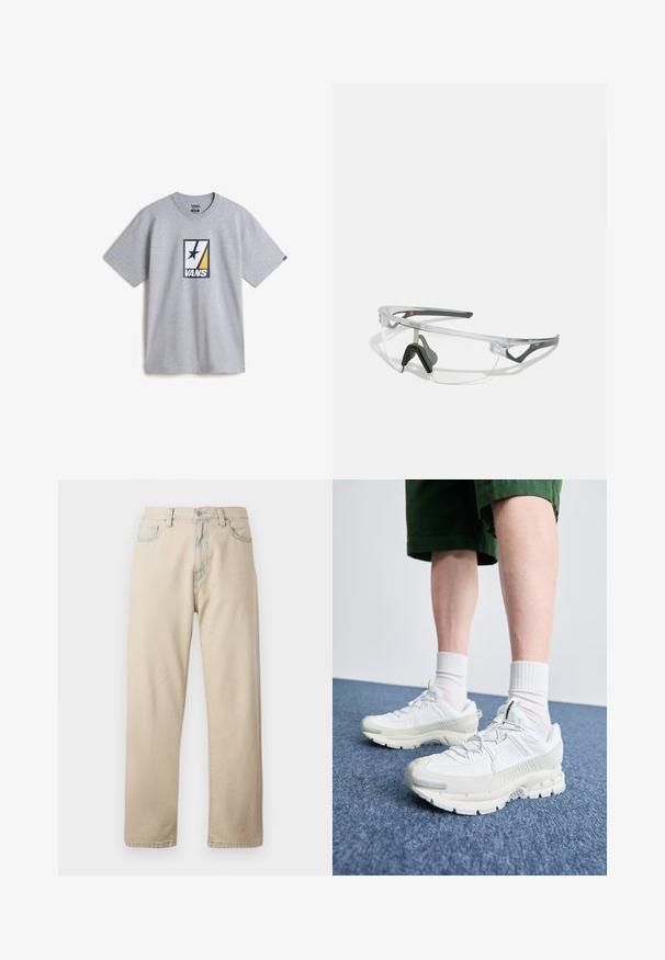 Harmaa puuvillapaita, jossa on keskellä kuviointi, jossa on mustia, keltaisia ja valkoisia elementtejä, sekä musta tähti osana designia.; Beige farkkutrikoot suorat lahkeet, viisi taskua, vyölenkit ja vetoketjukiinnitys. Kevyesti haalistunut pinta ja kontrastiväriset ompeleet.; Valkoiset urheilukengät, joissa on tekstuuriset päällysteet, paksu pohja ja harmaat yksityiskohdat. Yhdistetty valkoisiin putkisukkiin ja vihreisiin shortseihin sinisellä pinnalla.; Läpinäkyvät turvalasit, joissa on kevyt, läpinäkyvä kehys ja harmaat yksityiskohdat. Varustettu ympäröivällä muotoilulla ja säädettävällä nenätyynyllä.