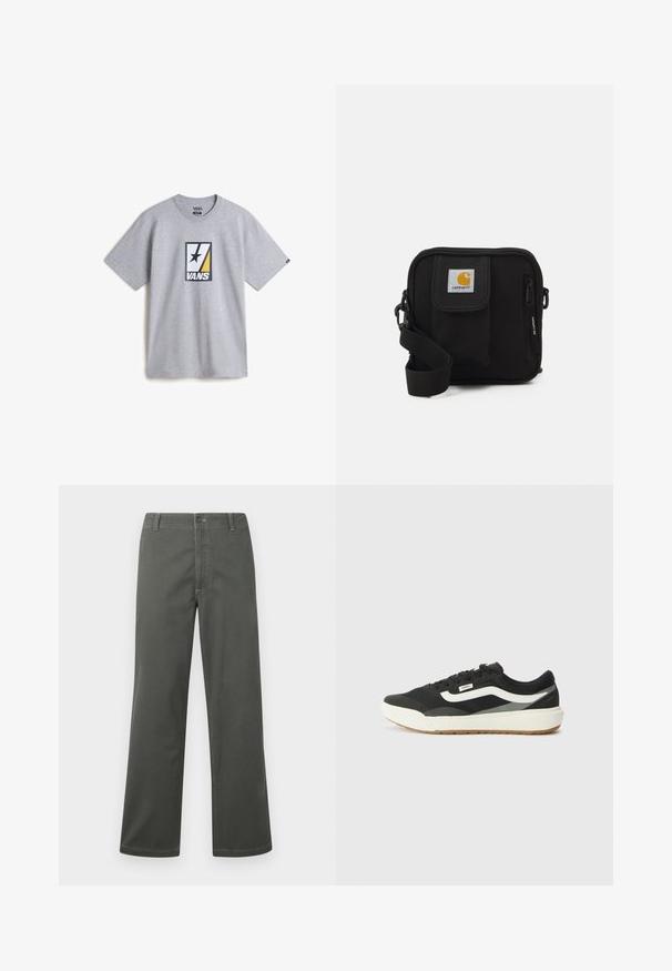 Grijze katoenen t-shirt met een centrale grafische afbeelding met zwarte, gele en witte elementen, samen met een zwarte ster in het ontwerp.; Grijze wijde broek van een katoenmix, met een klassiek vijf-pocket ontwerp en sluiting met een knoop aan de voorkant, voorzien van contrasterende stikdetails.; Zwarte sneakers met witte accenten, voorzien van een gladde synthetische bovenkant, ronde vorm en een rubberen zool, gecombineerd met lichtbeige broek.; Zwarte schoudertas met een rits hoofdcompartiment, voork pocket, verstelbare strap en een zichtbaar logo op de klep.