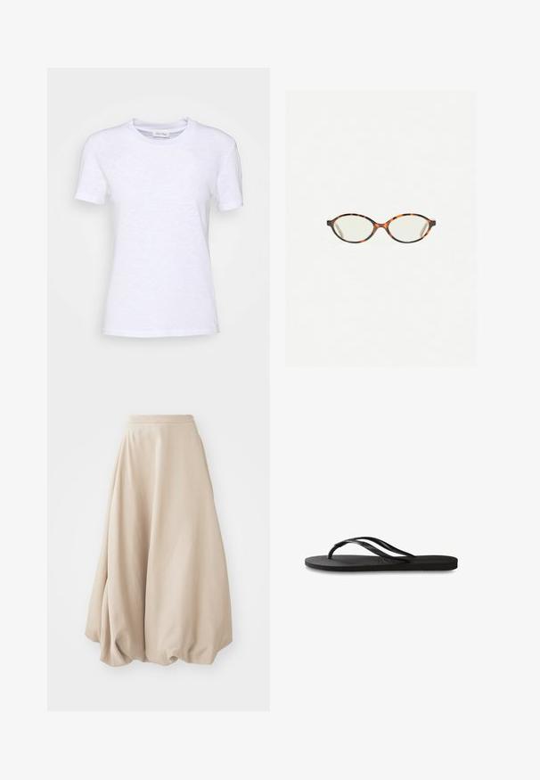 Witte katoenen T-shirt met een ronde hals, korte mouwen en een licht gestructureerd oppervlak. Geen zichtbare patronen of hardware.; Beige ballonrok gemaakt van zachte stof. Kenmerkt zich door een hoge taille en een volumineus ontwerp met geplooide textuur aan de zoom.; Zwarte flip-flop met een gestructureerde rubberen zool, twee slanke banden en een subtiele, ingedrukte logo-detail op de band.; Kattenoogbril met ovale lenzen en een strakke, gladde afwerking. Heeft dunne zijkanten met een subtiele kromming bij de slapen. Transparante lenzen.