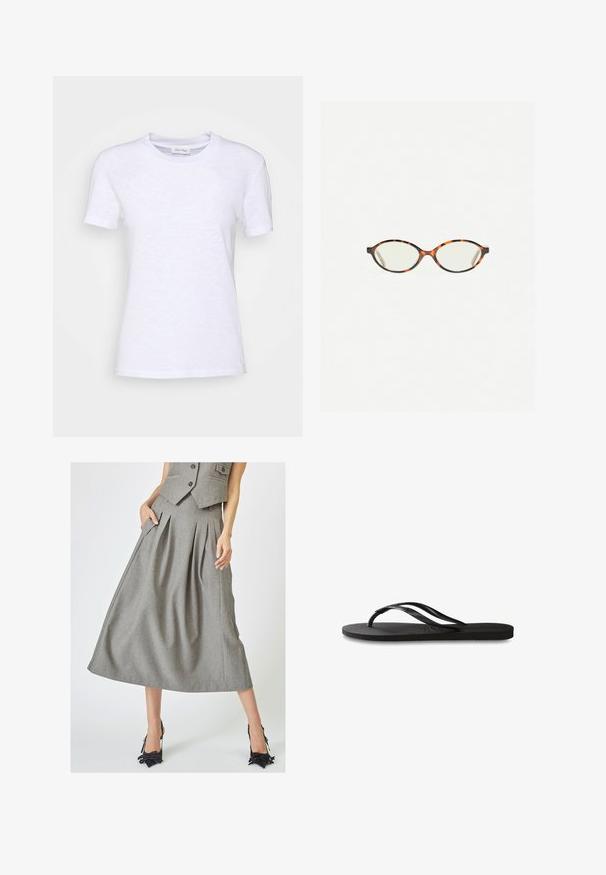 White cotton t-shirt with a crew neck, short sleeves, and a slightly textured surface. No visible patterns or hardware.; Gray pleated skirt made of textured fabric, featuring side pockets and an A-line shape, paired with black high-heeled shoes.; Black flip-flop featuring a textured rubber sole, two slender straps, and a subtle, embossed logo detail on the strap.; Tortoiseshell eyeglasses with oval lenses and a sleek, smooth finish. Features thin sides with a subtle curve at the temples. Clear lenses.