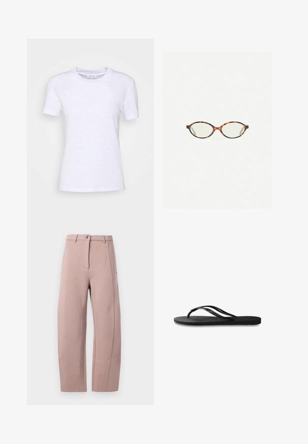 Bijela pamučna majica kratkih rukava s okruglim izrezom i blago teksturiranom površinom. Bez vidljivih uzoraka ili dodataka.; Hlače od mekog, svijetlo ružičastog materijala s ravnim krojem, koje imaju prednji patentni zatvarač, kopčanje na gumb i bočne džepove. Glatka tekstura s detaljima šava.; Crne japanke s teksturiranom gumenenom potplatom, dva uska remena i suptilnim, urezanim logom na remenu.; Naočale u boji kornjače s ovalnim staklima i elegantnim, glatkim završetkom. Imaju tanke strane s suptilnom krivuljom na sljepoočnicama. Prozirna stakla.