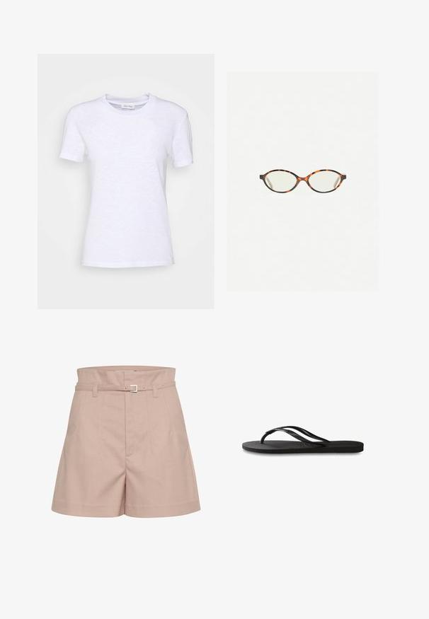 Valkoinen puuvillapaita, jossa on pyöreä kaula-aukko, lyhyet hihat ja kevyesti teksturoitu pinta. Ei näkyviä kuvioita tai varusteita.; Vaaleanpunaiset mittatilaustyönä tehdyt shortsit, jotka on valmistettu teksturoidusta kankaasta. Niissä on leveä vyötärö, vyölenkit ja hopeinen solkiyksityiskohta.; Mustat flip-flopit, joissa on röpelöinen kumipohja, kaksi hoikkaa remmiä ja hillitty, kohokuvioitu logotyyli remmissä.; Kilpikonnakuosiset silmälasit, joissa on soikeat linssit ja tyylikäs, sileä pinta. Ominaisuudet: ohuet sivut, joissa on hienovarainen kaari temppeleissä. Kirkkaat linssit.