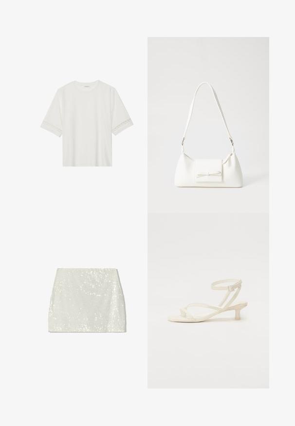 Witte korte mouwen t-shirt van katoen, met een decoratieve kantafwerking langs de mouwen en een ronde halslijn.; Bershka A-lijn rok - white; Licht ivoorkleurige sandaal met straps en een lage blokhak. Gemaakt van glad materiaal, met dunne straps en een gesp sluiting rond de enkel.; Witte synthetische handtas met een driehoekige vorm, platte voorklep en strikdetail, verstelbare schouderriem, gladde textuur en minimalistisch ontwerp.