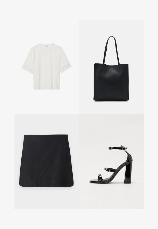 T-shirt branco de manga curta feito de algodão, com bainha de renda decorativa nas mangas e decote redondo.; Saia mini preta de linho com corte direito, bainha limpa e textura subtil. Apresenta um fecho lateral com zíper.; Sandálias de tacão preto laqueadas com bico quadrado, tiras para o tornozelo e fivelas prateadas. Apresentam um salto bloco chunky para estabilidade.; Bolsa tote preta em couro com textura lisa, forma retangular e duas alças longas. Sem hardware ou enfeites visíveis.