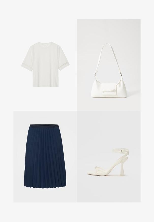 Valkoinen lyhythihainen t-paita, joka on valmistettu puuvillasta ja jossa on koristeellinen pitsireunus hihojen ympärillä sekä pyöreä pääntie.; Tommy Hilfiger Curve FLUID PLEATED MIDI SKIRT - Vekkihame - dark night navy; Valkoinen nahkainen strappisaapas, jossa on virtaviivainen muotoilu, läpinäkyvä lohko-osa ja koristeellinen elementti varpaassa.; Valkoinen synteettinen käsilaukku, jossa on kolmikulmainen muoto, tasainen etu läppä ja nauhadetail, säädettävä olkahihna, sileä rakenne ja minimalinen muotoilu.