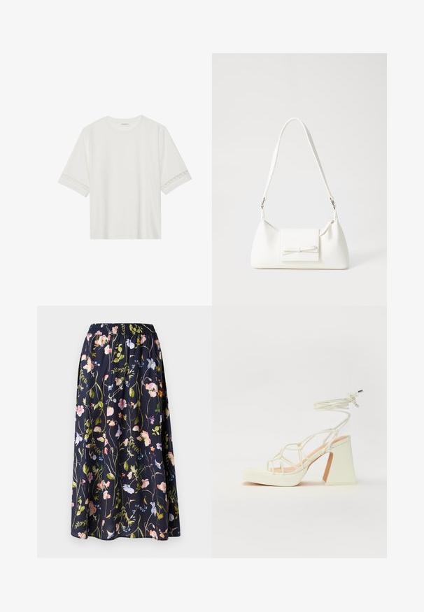 White short-sleeve t-shirt made from cotton, featuring decorative lace trim along the sleeves and a round neckline.; Navy floral skirt with an elastic waistband, featuring a print of pink, blue, and green flowers on a textured fabric.; White high-heeled sandal with a chunky heel, featuring a strappy design and ankle tie. Smooth texture with a platform front for added height.; White synthetic handbag with a triangular shape, flat front flap and bow detail, adjustable strap, smooth texture, and minimalistic design.