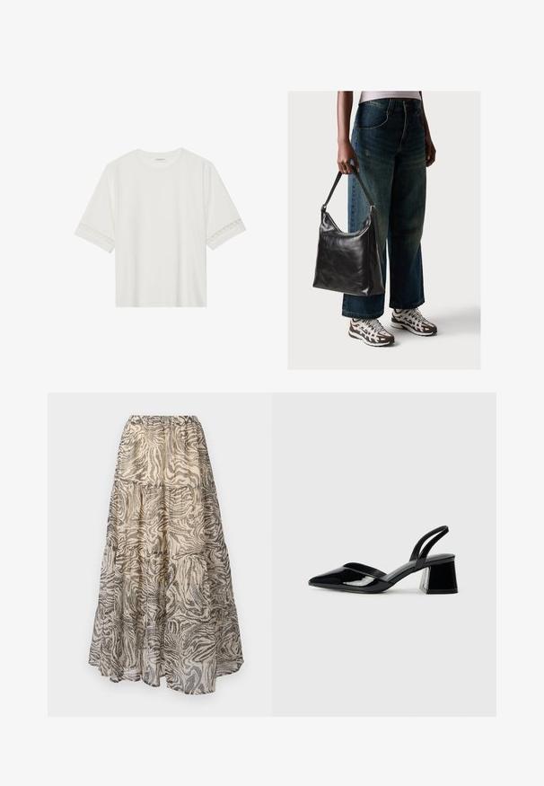 Λευκό κοντομάνικο μπλουζάκι φτιαγμένο από βαμβάκι, με διακοσμητική δαντέλα κατά μήκος των μανικιών και στρογγυλή λαιμόκοψη.; Μακριά φούστα σε στρώσεις από ελαφρύ ύφασμα με εκτύπωση σε διχρωμία ζέβρας σε μπεζ και μαύρο. Ελαστική μέση για ρυθμιζόμενη εφαρμογή.; Μαύρα πατεντέ δερμάτινα γοβάκια slingback με μυτερή μύτη και γεωμετρικό τακούνι. Έχουν κομψό, μινιμαλιστικό σχέδιο και λεία υφή.; Μαύρη δερμάτινη τσάντα ώμου με μαλακή υφή και ρυθμιζόμενο λουρί, συνδυασμένη με ξεθωριασμένα φαρδιά τζιν και αθλητικά sneakers.