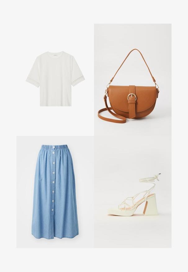 Bela kratka majica s kratkimi rokavi iz bombaža, okrašena z dekorativnim čipkastim robom ob rokavih in okroglo izrezom.; Svetlo modra denim krilo z elastičnim pasom in vrsto šestih gumbov spredaj. Do kolen, z ohlapnim in tekočim dizajnom.; Bela sandala na visokih petah s debelim petam, ki ima obliko trakcev in vezanje okoli gležnja. Gladka tekstura z platformo spredaj za dodatno višino.; Rjava usnjena torbica prek telesa s ukrivljeno obliko, zlate opreme in sponko. Ima odstranljiv naramni trak.