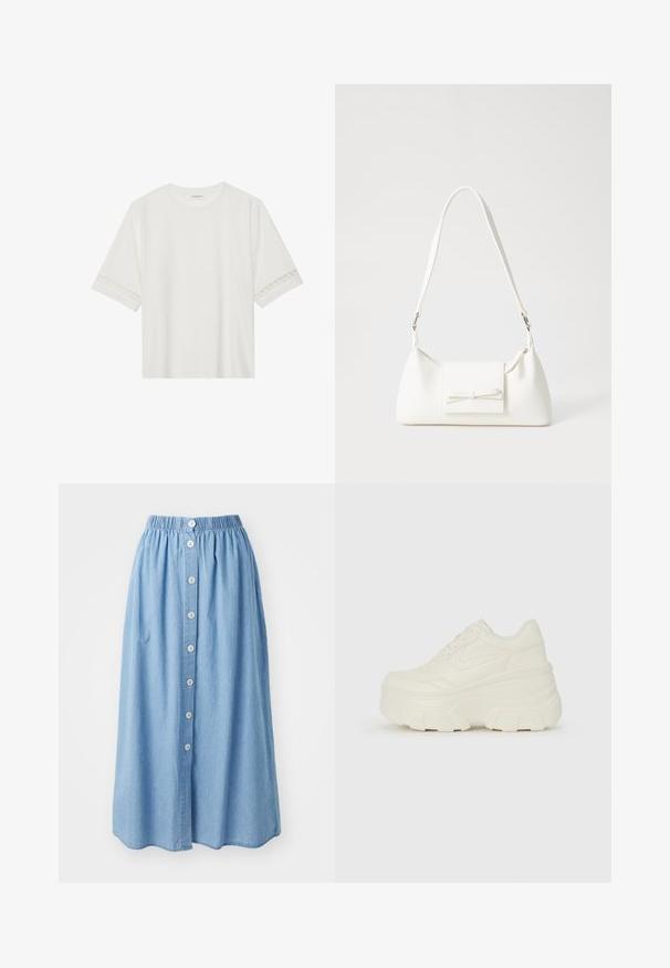 Balta trumpomis rankovėmis marškinėliai, pagaminti iš medvilnės, su dekoratyviais nėriniais aplink rankoves ir apvaliu kaklu.; Šviesiai mėlyna džinsinė sijoną su elastinga juosmeniu ir šešių mygtukų eile priekyje. Iki kelių su laisvu, plazdančiu dizainu.; Baltos platformos sportbačiai su lygiu odos primenančiu paviršiumi, apvalia forma, paminkštintu apykakle ir tekstūruotu guminiu padu su ryškiais protektoriais.; Balta sintetinė rankinė trikampio formos, plokščiu priekiu su užsegimu, kaspino detale, reguliuojama dirželiu, lygia tekstūra ir minimalistišku dizainu.