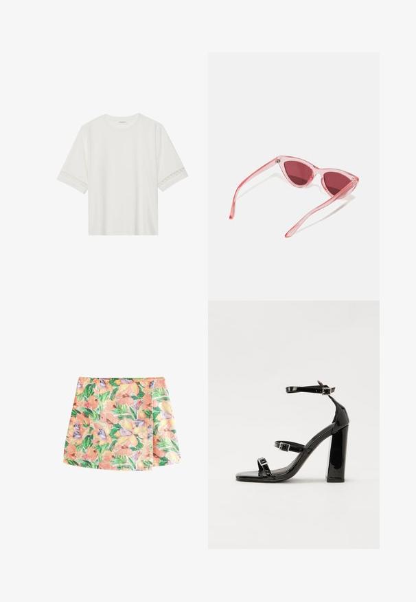 T-shirt blanc à manches courtes en coton, avec des bordures en dentelle décoratives le long des manches et un col rond.; Next Minijupe - tropical print; Sandales à talons vernies noires avec un bout carré, des sangles autour de la cheville et des boucles en argent. Dotées d'un talon bloc épais pour plus de stabilité.; Lunettes de soleil translucides roses avec une forme unique en œil de chat, surmontées de verres rose foncé et de branches élégantes et fines.