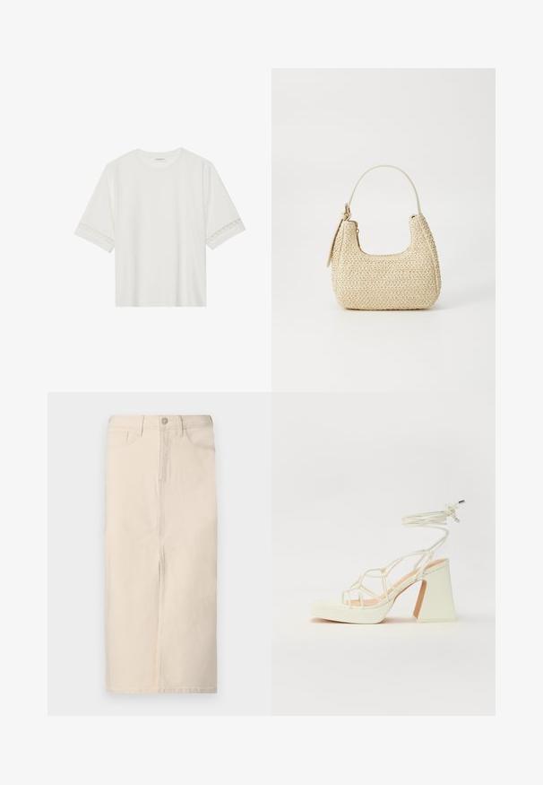 Balta īsām piedurknēm T-kreklu, izgatavotu no kokvilnas, ar dekoratīvu mežģīņu apdari ap piedurknēm un apaļu kakla izgriezumu.; Krēma denima midi svārki ar priekšu plīsu, piecām kabatām un priekša pogu aizdari. Audumam ir mīksta, teksturēta virsma.; Baltas augstpapēžu sandales ar masīvu papēdi, ar siksnu dizainu un potītes saistītiem elementiem. Gluda tekstūra ar platformu priekšpusē, lai nodrošinātu papildu augstumu.; Aušana salmu rokassoma béigā krāsā ar izliekto formu, īsu rokturi un sānu rāvējslēdzēju. Iespējas teksturēta virsma un minimālistisks dizains.