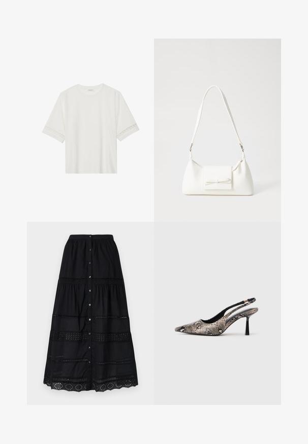 Camiseta blanca de manga corta hecha de algodón, con un ribete decorativo de encaje en las mangas y un escote redondo.; Falda negra de botón con un diseño en capas, que presenta un borde de encaje y una tela texturizada. Incluye botones plateados en la parte delantera.; Zapatos slingback de punta afilada fabricados con un material de estampado de serpiente texturizado, con un delgado tacón negro y un diseño recortado en los laterales.; Bolso sintético blanco con forma triangular, tapa frontal plana y detalle de lazo, correa ajustable, textura suave y diseño minimalista.