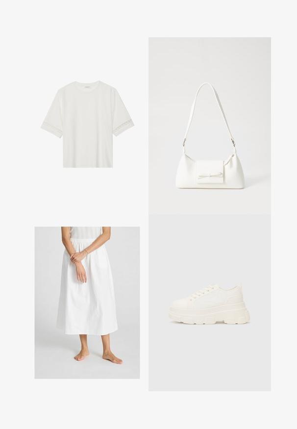 Camiseta blanca de manga corta hecha de algodón, con un ribete decorativo de encaje en las mangas y un escote redondo.; Falda blanca de algodón, hasta los tobillos, con una cinturilla elástica. Textura suave, con un diseño simple y fluido.; Zapatilla de lona blanca con suela gruesa, punta redonda y cinco ojales para los cordones. Lengüeta trasera para facilitar el uso. Textura suave, diseño minimalista.; Bolso sintético blanco con forma triangular, tapa frontal plana y detalle de lazo, correa ajustable, textura suave y diseño minimalista.