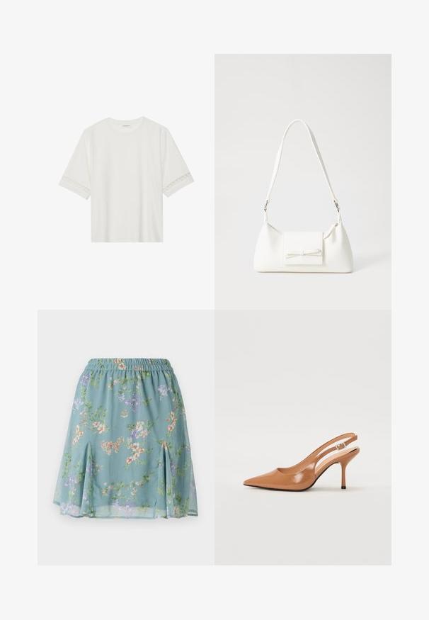 Tricou alb cu mânecă scurtă, confecționat din bumbac, cu dantelă decorativă pe marginea mânecilor și un guler rotund.; Fustă fluidă, de culoare albastră deschisă, cu un model floral în nuanțe de violet, portocaliu și verde; talie elastica; slituri laterale la tiv.; Pantofii cu toc slingback, cu vârful ascuțit, dintr-un material tan neted și strălucitor. Prezintă un design cu decupaj curbat și un toc subțire stil stiletto. Detaliu cu cataramă argintie.; Geantă sintetică albă, cu formă triangulară, capac frontal plat și detaliu cu fundă, curea ajustabilă, textură netedă și design minimalist.