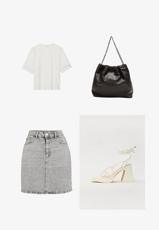 Bela kratka majica s kratkimi rokavi iz bombaža, okrašena z dekorativnim čipkastim robom ob rokavih in okroglo izrezom.; Siva jeans krilo z visokim pasom, sprednjim zapiranjem na gumb in dvema stranskima žepoma. Ima raztrgano rob in subtilno kamnito opran teksturirano površino.; Bela sandala na visokih petah s debelim petam, ki ima obliko trakcev in vezanje okoli gležnja. Gladka tekstura z platformo spredaj za dodatno višino.; Rjava usnjena torba z nabranim vrhom in verižnim trakom. Gladka tekstura z sijajno površino in subtilnimi šivi na straneh.