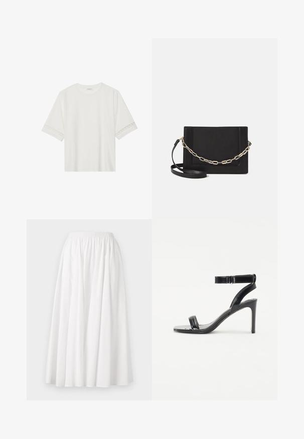 Bílé tričko s krátkým rukávem vyrobené z bavlny, s dekorativní krajkovou aplikací na rukávech a kulatým výstřihem.; Bílá sukně ke kolenům z lehké látky, se širším elastickým pasem a rozšířeným skládáním.; Černé sandály na vysokém podpatku s lesklým povrchem, se dvěma štíhlými popruhy a popruhem kolem kotníku, umístěné na štíhlém stiletto podpatku.; Černá kožená crossbody taška s hladkým povrchem, obdélníkovým tvarem a kovovým řetízkem na přední straně. Součástí je nastavitelný popruh.