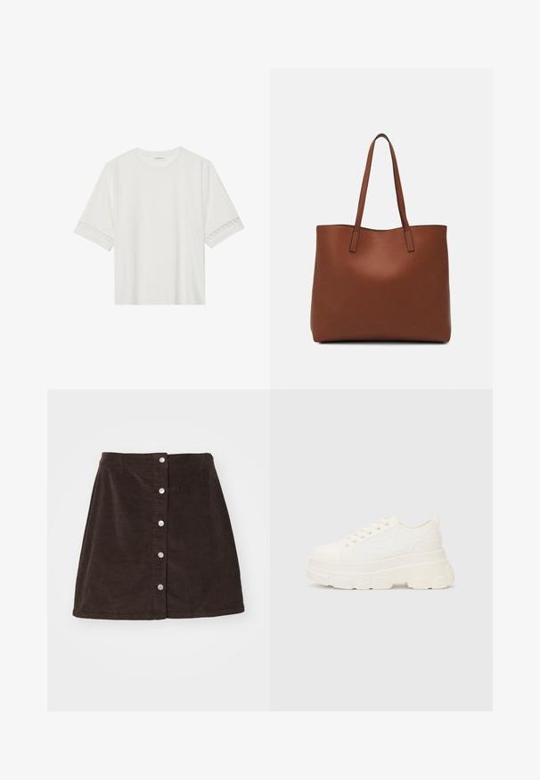 T-shirt blanc à manches courtes en coton, avec des bordures en dentelle décoratives le long des manches et un col rond.; Vero Moda Curve VMCETTA SKATER - Jupe trapèze - chocolate torte; Baskets blanches en toile avec une semelle épaisse, bout arrondi et cinq œillets pour les lacets. Onglet arrière pour un enfilage facile. Texture lisse, design minimaliste.; Sac fourre-tout en cuir marron avec une texture lisse, design à ouverture supérieure et deux poignées pour le porter à l'épaule. Présente des coutures minimales et aucun matériel visible.