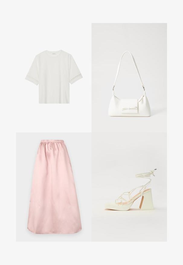 T-shirt branco de manga curta feito de algodão, com bainha de renda decorativa nas mangas e decote redondo.; Saia rosa, até ao chão, em corte A, feita de um tecido satin liso. Apresenta uma cinta franzida para um ajuste descontraído e bainha sem costura.; Sandálias brancas de salto alto com um salto robusto, apresentando um design com tiras e amarração no tornozelo. Textura suave com uma plataforma na frente para altura adicional.; Mala sintética branca com formato triangular, aba frontal plana e detalhe de laço, alça ajustável, textura suave e design minimalista.