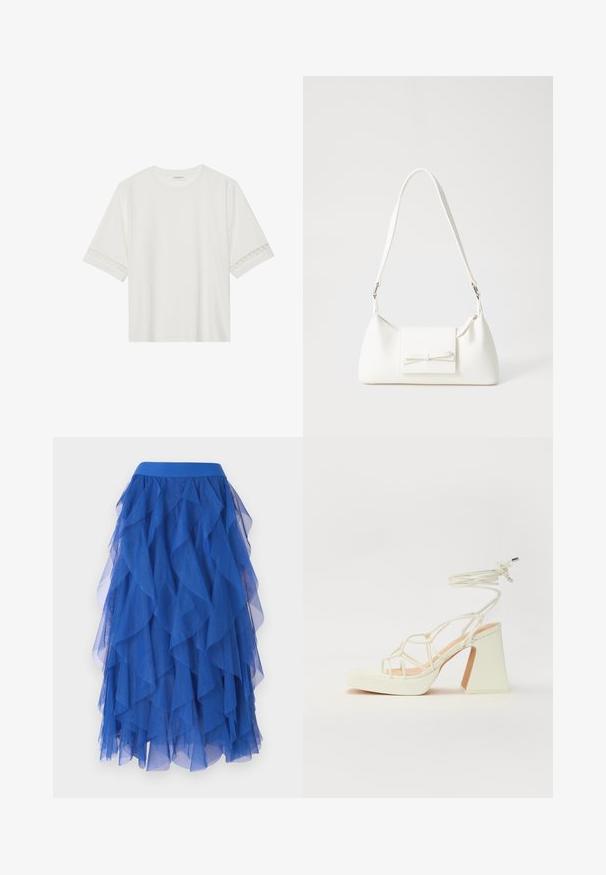 Bjela majica kratkih rukava od pamuka, s dekorativnom čipkastom obrubom duž rukava i okruglim izrezom.; Plava višeslojna tulle suknja s valovitim dizajnom, s širokim pojasom i mekom, prozirnom teksturom. Volančići stvaraju obiman izgled.; Bijela sandala na visokoj potpetici s debelim petom, s remenom i vezanjem oko gležnja. Glatka tekstura s platformom sprijeda za dodatnu visinu.; Bijela sintetička torbica s trokutastim oblikom, ravnim prednjim poklopcem i detaljem u obliku mašne, podesivom remenom, glatkom teksturom i minimalističkim dizajnom.