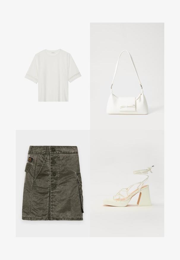T-shirt branco de manga curta feito de algodão, com bainha de renda decorativa nas mangas e decote redondo.; Saia verde-oliva com botões à frente, feita de tecido texturizado, apresentando um bolso lateral e detalhes em costura. Ajuste regular, design até ao joelho.; Sandálias brancas de salto alto com um salto robusto, apresentando um design com tiras e amarração no tornozelo. Textura suave com uma plataforma na frente para altura adicional.; Mala sintética branca com formato triangular, aba frontal plana e detalhe de laço, alça ajustável, textura suave e design minimalista.