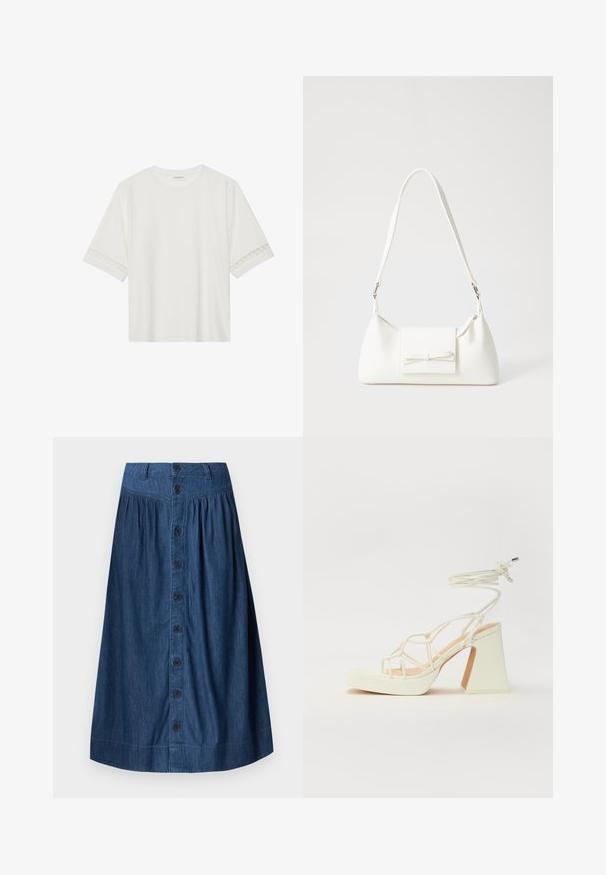 Hvit t-skjorte med kort erme laget av bomull, med dekorativ blondekant langs ermene og en rund halslinning.; GAP WESTERN MAXI SKIRT - A-line skjørt - medium wash; Hvit høyhælte sandal med kraftig hæl, med en stroppe-design og ankelbånd. Glatt tekstur med plattform foran for ekstra høyde.; Hvit syntetisk håndveske med trekantet form, flat klaff foran og sløyfe detaljer, justerbar stropp, glatt tekstur og minimalistisk design.