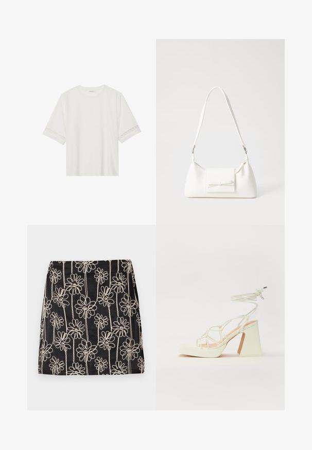 Witte korte mouwen t-shirt van katoen, met een decoratieve kantafwerking langs de mouwen en een ronde halslijn.; Zwarte rok met witte bloemembroidery en lusvormige ontwerpen. Soepele textuur en slim-fit vorm, met zichtbare stiksels.; Witte hoge hakken sandaal met een chunky hak, met een bandjesontwerp en enkelband. Gladde textuur met een plateau voor extra hoogte.; Witte synthetische handtas met een driehoekige vorm, platte voorklep en strikdetail, verstelbare schouderriem, gladde textuur en minimalistisch ontwerp.