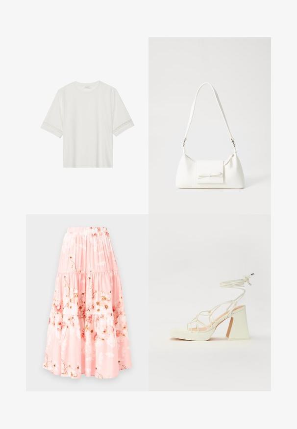 Weißes T-Shirt mit kurzen Ärmeln aus Baumwolle, mit dekorativem Spitzenbesatz entlang der Ärmel und einem runden Ausschnitt.; YAS YASBILL - Maxirock - chintz rose; Weiße High-Heel-Sandale mit einem klobigen Absatz, die über ein Riemchendesign und ein Knöchelband verfügt. Glatte Textur mit einer Plattform vorne für zusätzliche Höhe.; Weiße synthetische Handtasche in dreieckiger Form, flache Vorderklappe und Schleifendetail, verstellbarer Trageriemen, glatte Textur und minimalistisches Design.