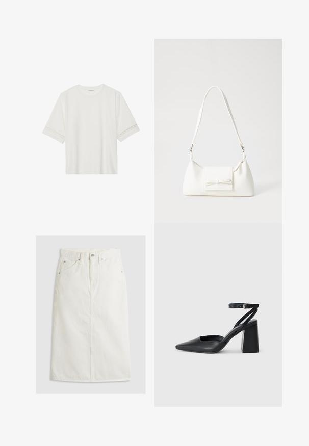 T-shirt blanc à manches courtes en coton, avec des bordures en dentelle décoratives le long des manches et un col rond.; Jupe midi en denim blanc avec taille haute, fermeture à boutons sur le devant et deux poches latérales. Elle présente une silhouette droite et des détails cousus.; Escarpin noir en cuir à bout pointu avec une bride de cheville et un talon épais. Texture lisse, design élégant et esthétique minimaliste.; Sac à main synthétique blanc en forme triangulaire, avec un rabat avant plat et un détail en nœud, une bandoulière ajustable, une texture lisse et un design minimaliste.