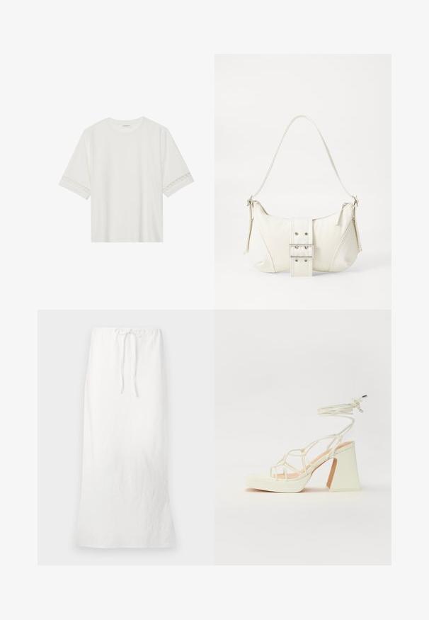 Tricou alb cu mânecă scurtă, confecționat din bumbac, cu dantelă decorativă pe marginea mânecilor și un guler rotund.; Fustă maxi din in alb, cu talie elastică și șnur. Textură netedă, siluetă dreaptă și croială până la genunchi.; Sandale albe cu toc înalt și gros, cu un design cu curele și legătură la gleznă. Textură netedă, cu o platformă frontală pentru înălțime suplimentară.; Geantă albă de umăr cu un finisaj texturat, un accent cu cataramă centrală și o formă curbată. Încărcătoare cu fermoar pe ambele laturi.