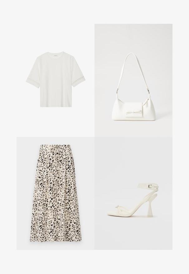 Bela kratka majica s kratkimi rokavi iz bombaža, okrašena z dekorativnim čipkastim robom ob rokavih in okroglo izrezom.; Plisirana midijevka iz lahkega materiala z bež osnovo in črnimi leopardjimi vzorci ter vrvico za prilagodljiv pas.; Sandal z visoko peto z naramnicami v beli usnjeni izvedbi s popolnim dizajnom, prozorno blok peto in dekorativnim elementom na prstih.; Bela sintetična torbica v obliki trikotnika, z ravnim sprednjim poklopcem in detajlom mašne, nastavljivim trakom, gladko teksturo in minimalističnim dizajnom.