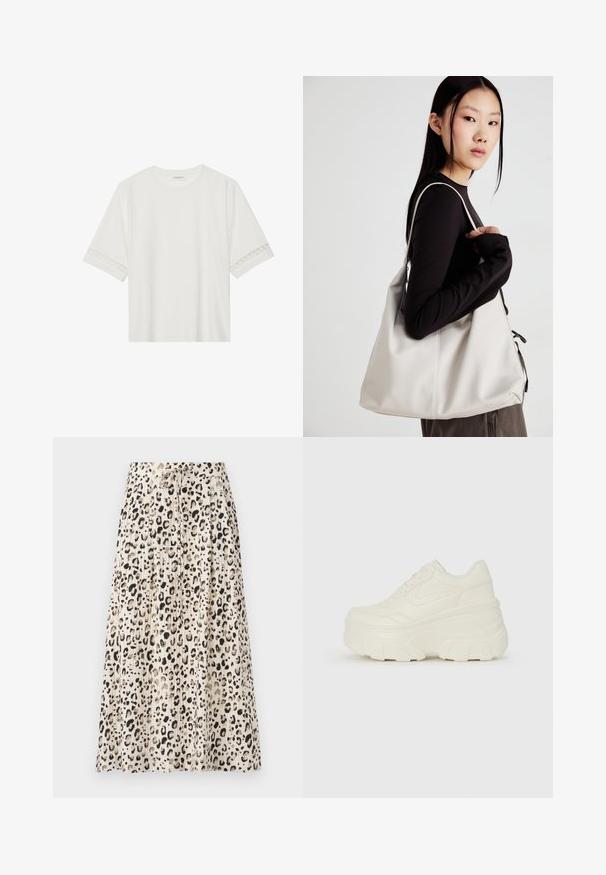 White short-sleeve t-shirt made from cotton, featuring decorative lace trim along the sleeves and a round neckline.; Pleated midi skirt in a lightweight fabric featuring a beige base with black leopard print and drawstring waist for adjustable fit.; White platform sneakers featuring a smooth leather-like upper, rounded shape, padded collar, and textured rubber sole with defined treads.; Beige handbag made of soft material, featuring a slouchy design, stitched detailing, and two shoulder straps. Suitable for everyday use.